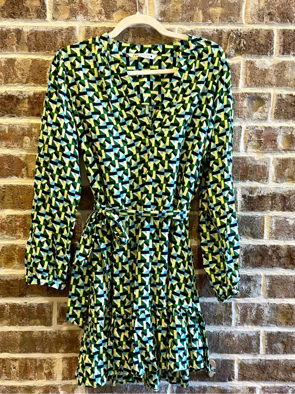 Zara Trafaluc Geometric Print Wrap Mini Dress Tie Waist Long Sleeve Size M